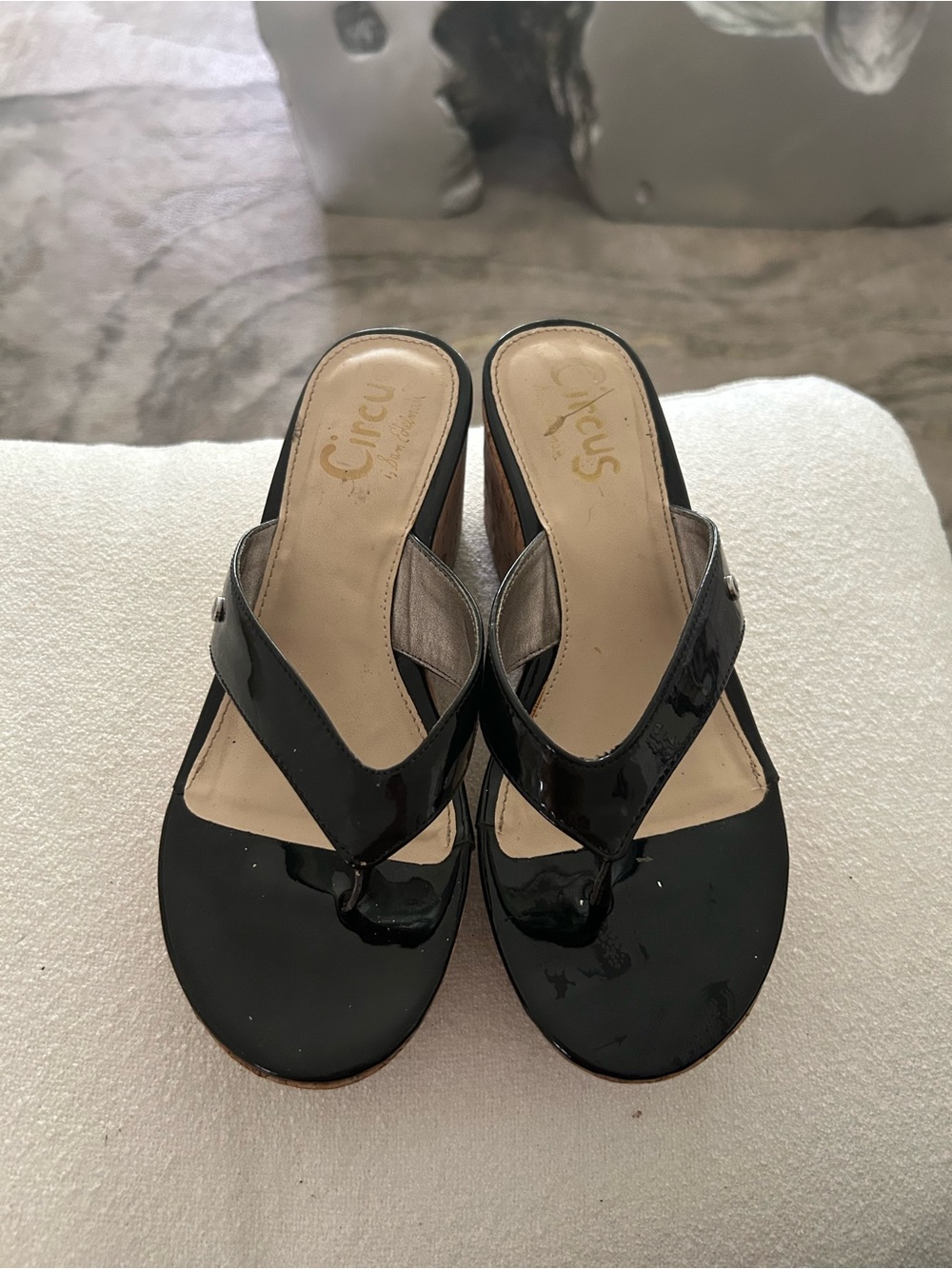 Sam Edelman Black Patent Wedge Thong Mules
